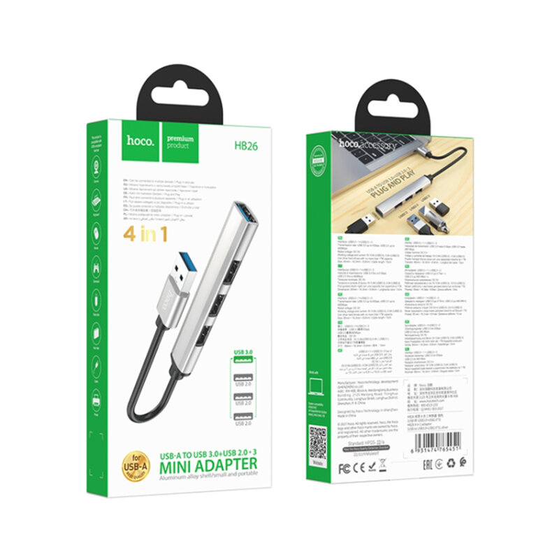 Hub USB 3.0 la 3 x USB 2.0, USB 3.0 Hoco HB26, argintiu