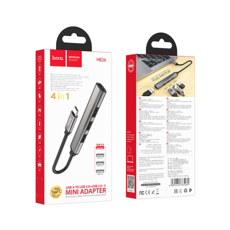 Docking station MacBook USB-C la 4x USB Hoco HB26, gri