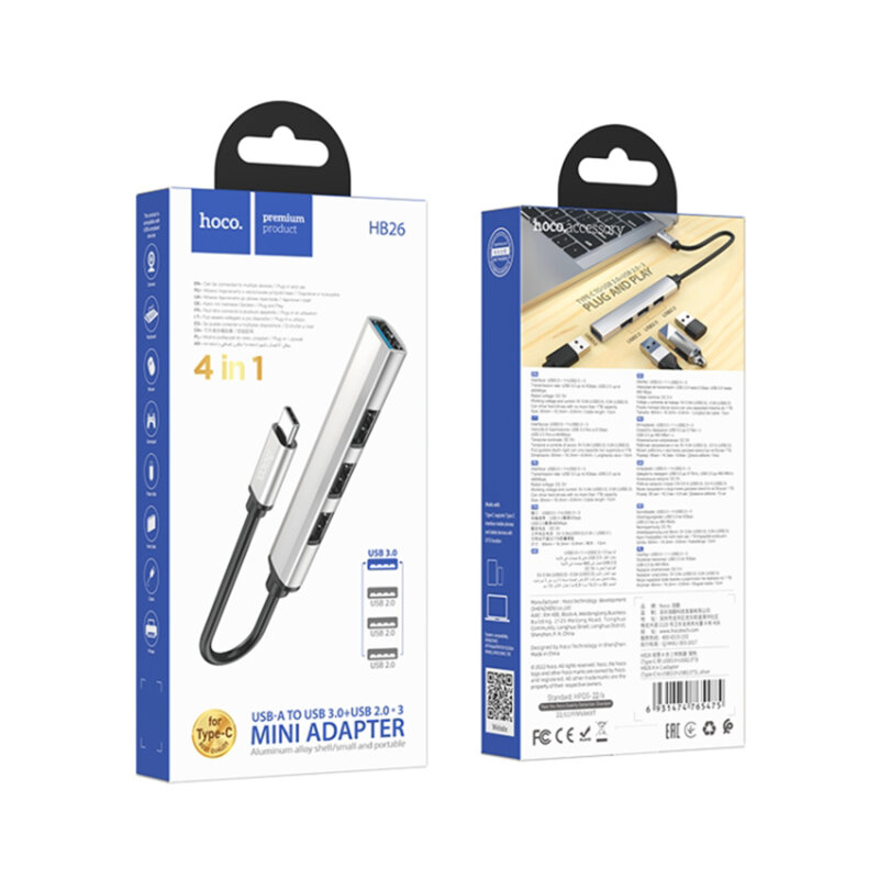 Docking station MacBook USB-C la 4x USB Hoco HB26, argintiu