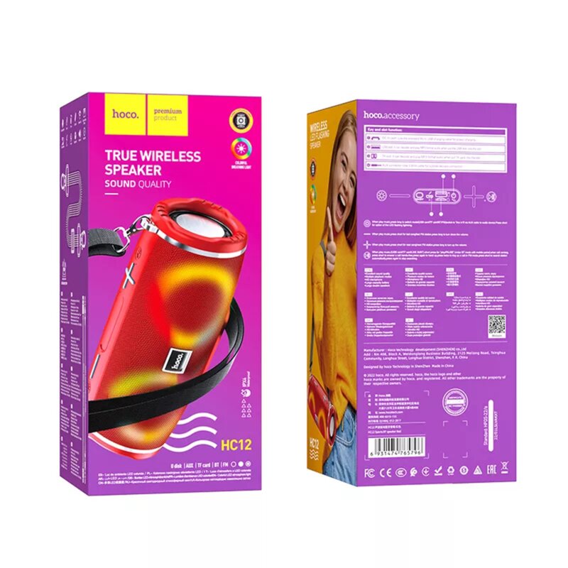 Boxa portabila Bluetooth 10W cu lumini RGB Hoco HC12, rosu