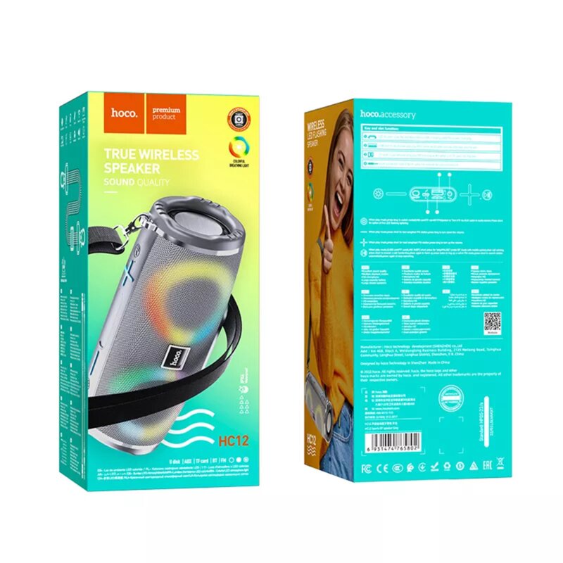 Boxa portabila Bluetooth 10W cu lumini RGB Hoco HC12, gri
