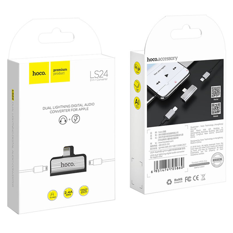 Adaptor casti iPhone la 2x Lightning Hoco LS24, argintiu