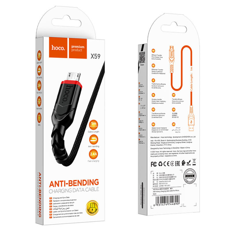 Cablu de date Micro-USB la USB-A 2.4A Hoco X59, 1m, negru