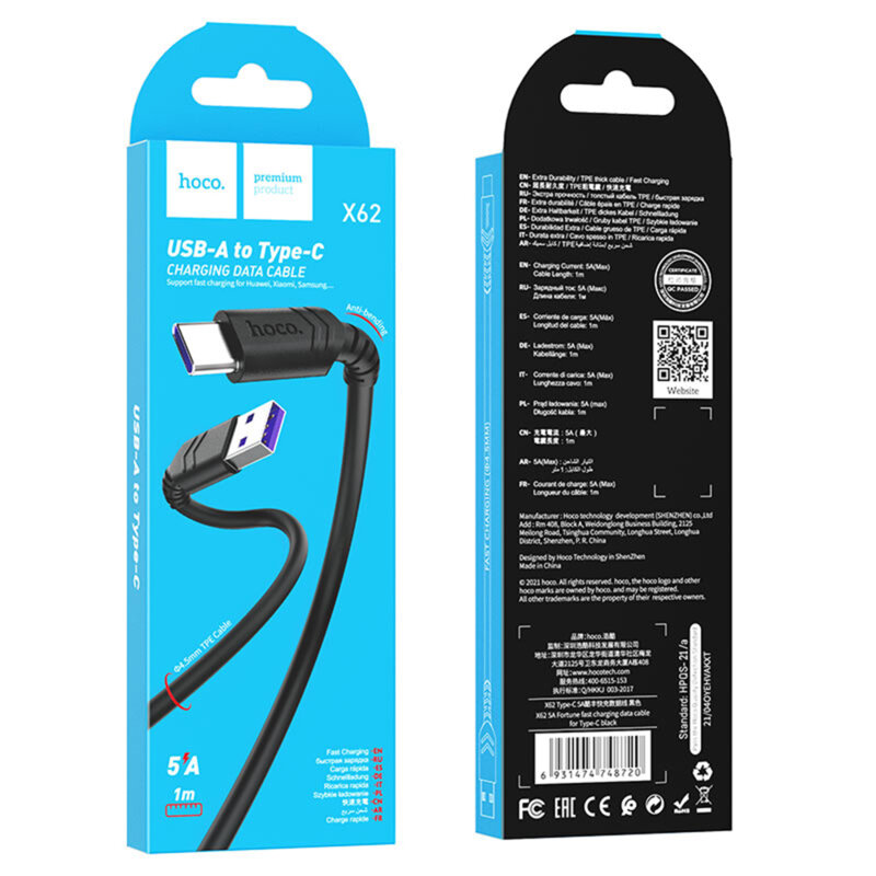 Cablu Super Fast Charge Samsung 5A Type-C Hoco X62, 1m, negru