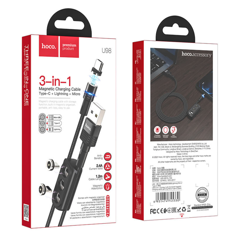 Cablu magnetic USB la Type-C, Micro-USB, Lightning Hoco U98, negru