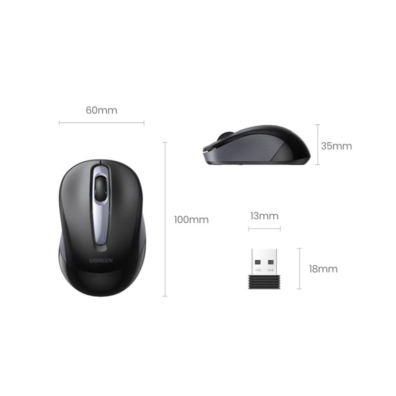 Mouse wireless pentru laptop Ugreen, 2400 DPI, negru, 90371
