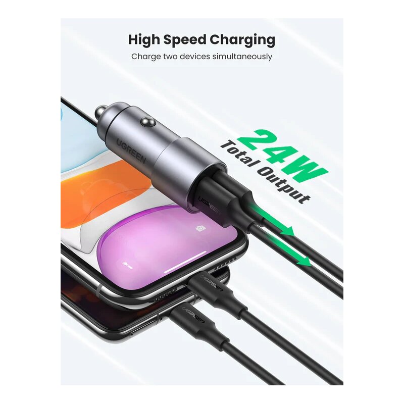 Incarcator masina 2xUSB 24W, Ugreen, argintiu, 50592
