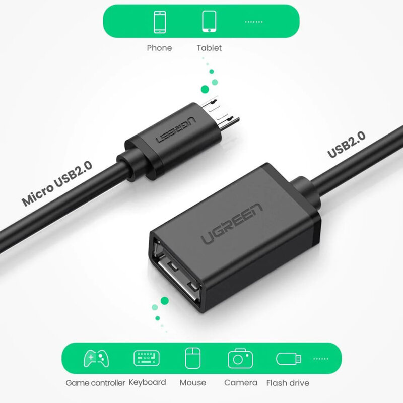Adaptor OTG USB la Micro-USB Ugreen, 480Mbps, 15cm, negru, 10396
