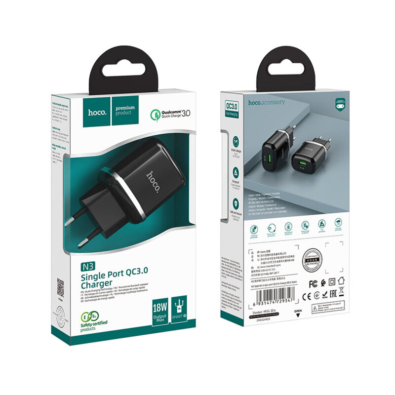 Incarcator priza Fast Charging USB 18W Hoco N3, negru