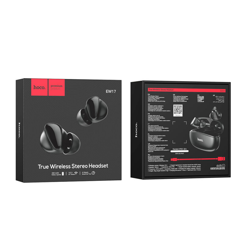Casti in-ear wireless, earbuds Bluetooth, Hoco EW17, negru