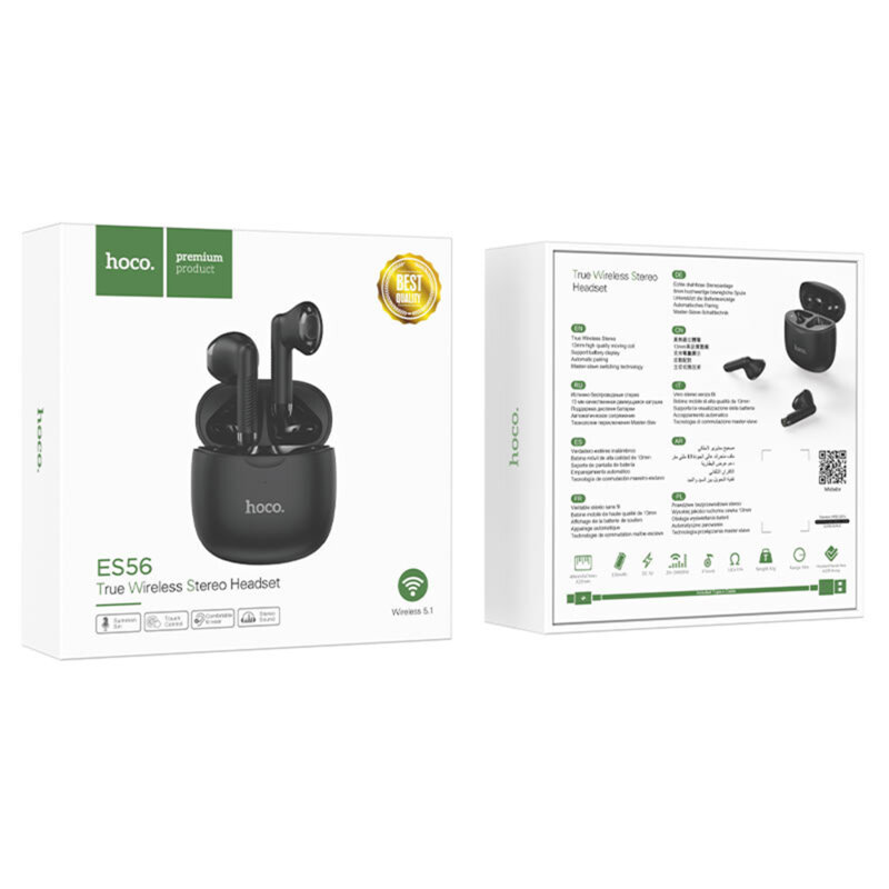 Casti audio Bluetooth fara fir, earbuds TWS Hoco ES56, negru