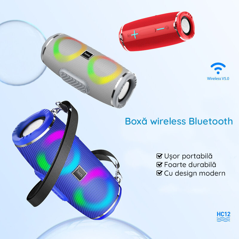 Boxa portabila Bluetooth 10W cu lumini RGB Hoco HC12, gri
