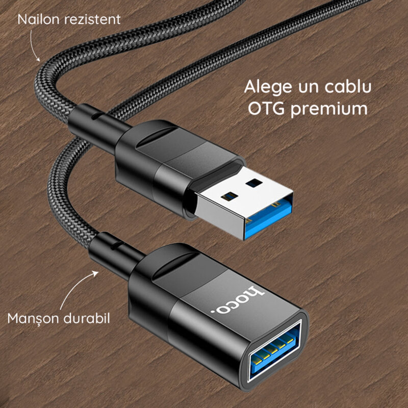 Cablu OTG de date si incarcare USB 3A Hoco U107, 1.2m, negru