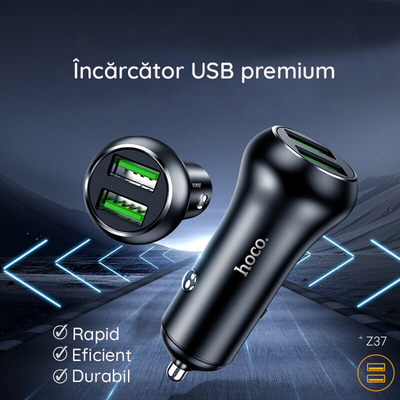 Incarcator telefon pentru masina 2xUSB 36W Hoco Z37, negru