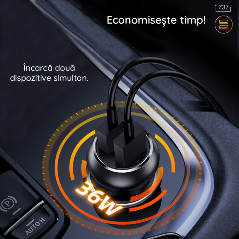 Incarcator telefon pentru masina 2xUSB 36W Hoco Z37, negru