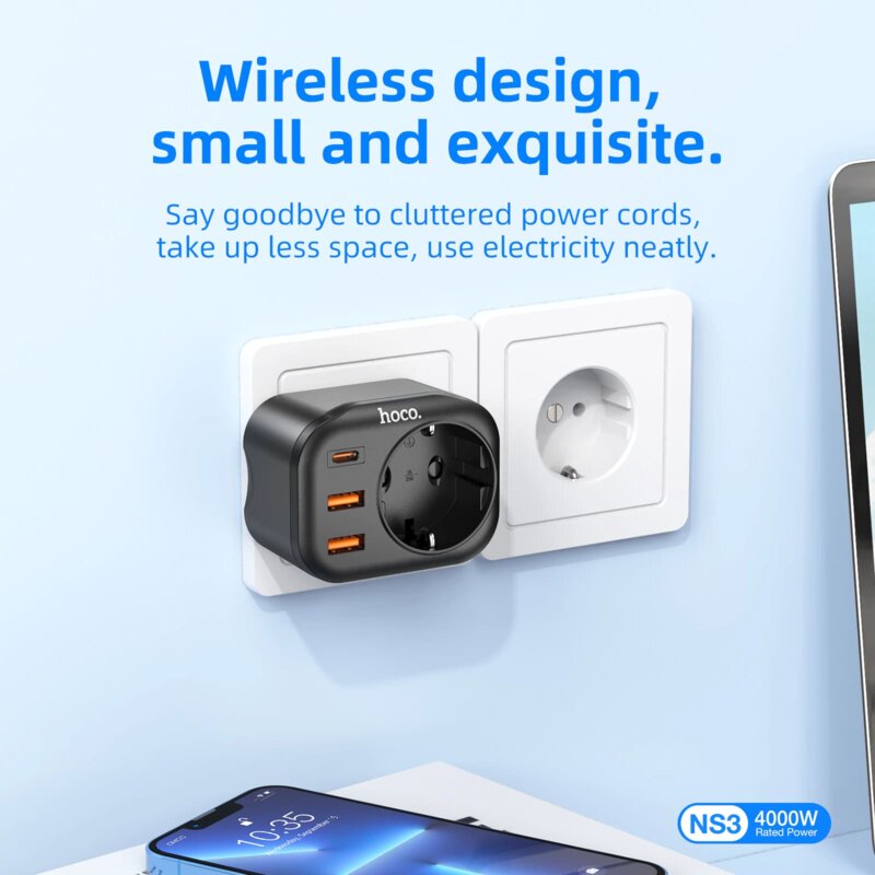 Priza birou 2 x USB, incarcator Type-C Hoco NS3, alb