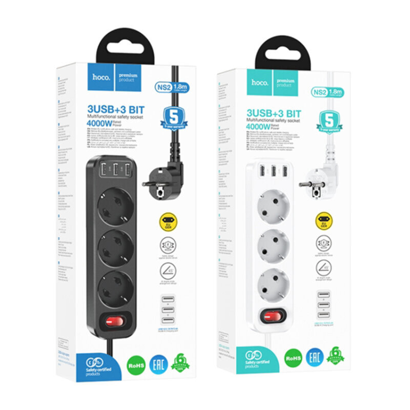 Prelungitor priza 3xUSB, 3xShuko, 1.8m, Hoco NS2, alb