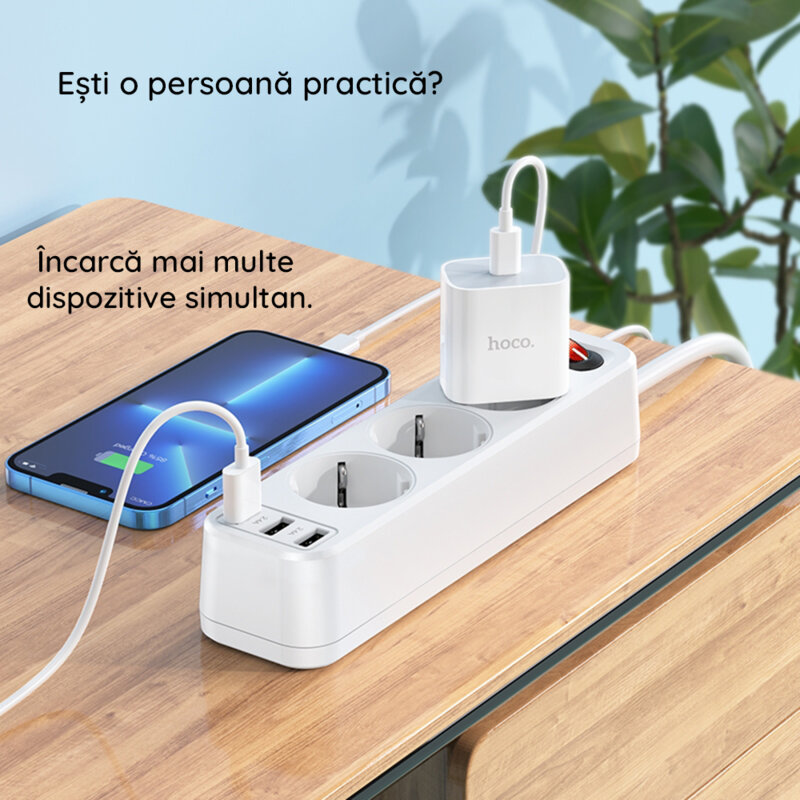 Prelungitor priza 3xUSB, 3xShuko, 1.8m, Hoco NS2, alb