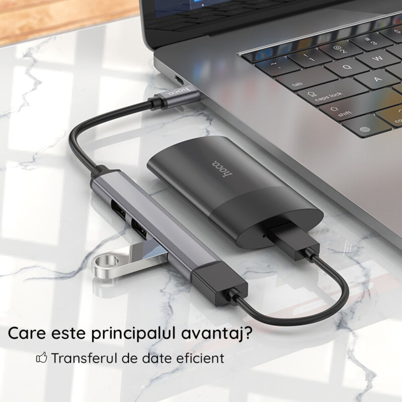 Hub USB 3.0 la 3 x USB 2.0, USB 3.0 Hoco HB26, argintiu