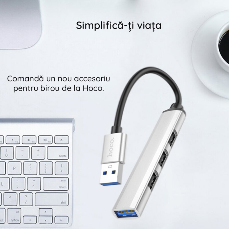 Hub USB 3.0 la 3 x USB 2.0, USB 3.0 Hoco HB26, argintiu