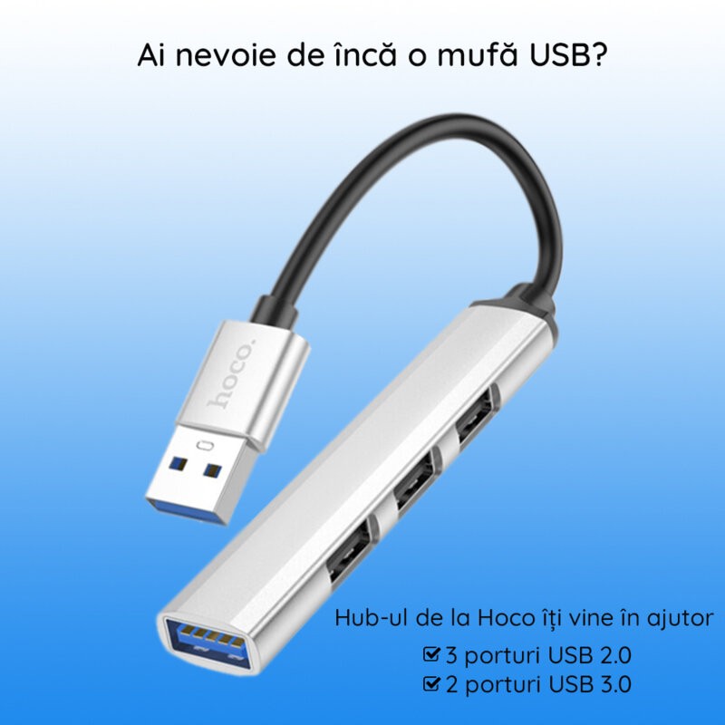 Hub USB 3.0 la 3 x USB 2.0, USB 3.0 Hoco HB26, argintiu