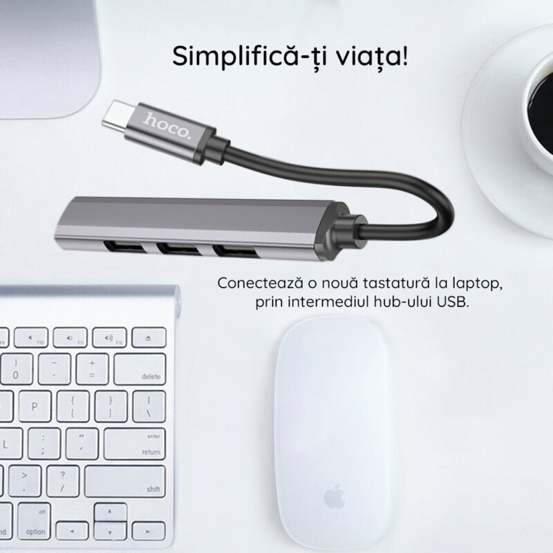 Docking station MacBook USB-C la 4x USB Hoco HB26, argintiu