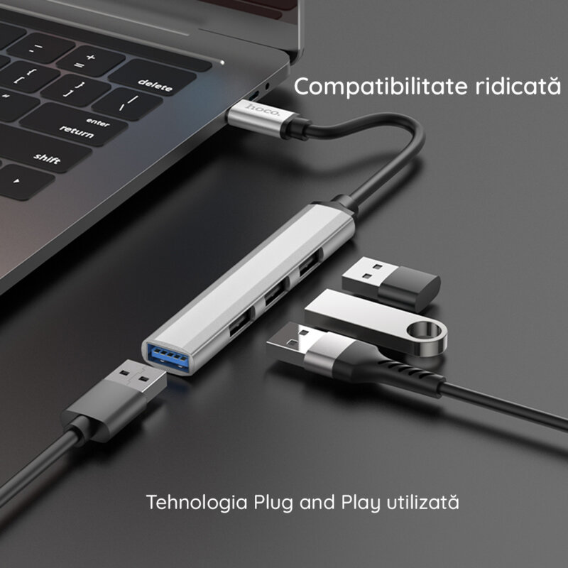 Docking station MacBook USB-C la 4x USB Hoco HB26, gri