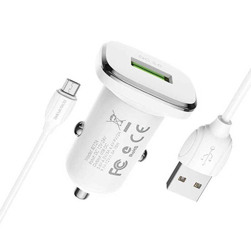 Incarcator auto USB Borofone BZ12A, 18W + cablu Micro-USB, alb
