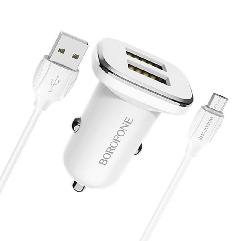 Incarcator Auto Borofone BZ12 Dual USB Cu Cablu USB / Micro-USB 2.4A - Alb