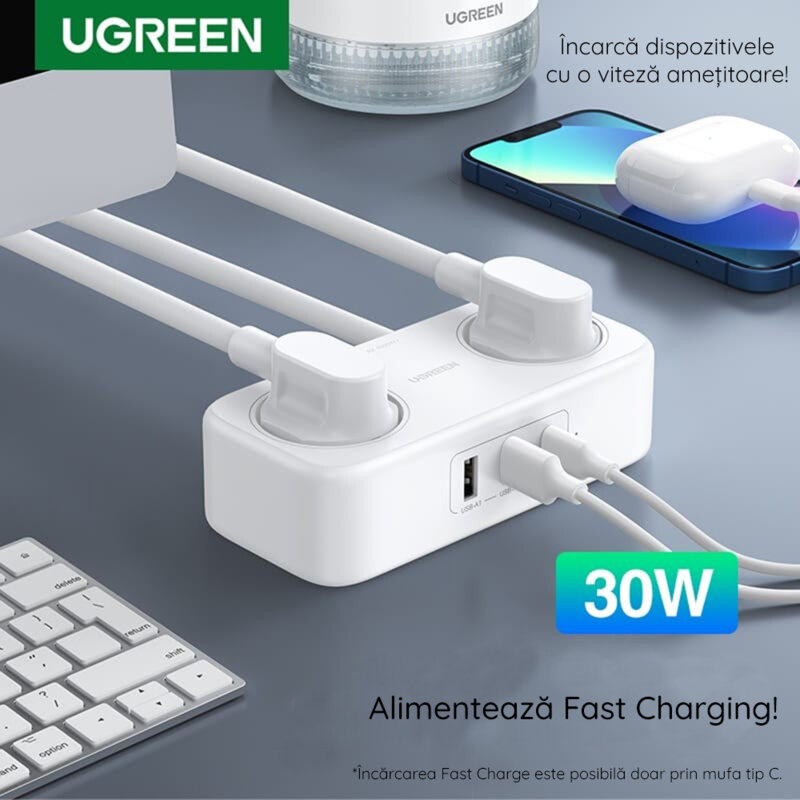 Prelungitor priza 2xShuko, 2xUSB, Type-C 30W Ugreen, 50683