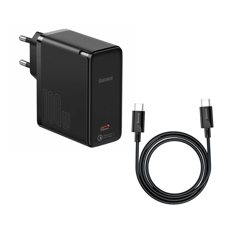 Incarcator Quick Charge 5 GaN2 + cablu USB-C Baseus 100W, negru, TZCCGAN-L01