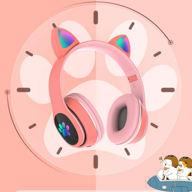 Casti urechi de pisica Bluetooth, lumini LED Gjby L400, rosu