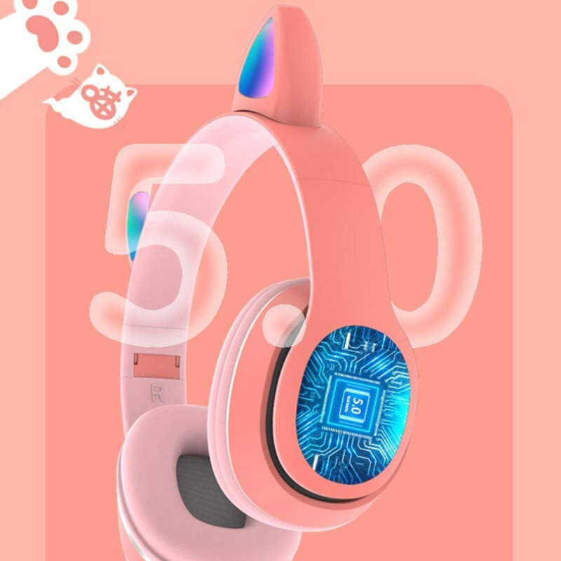 Casti urechi de pisica Bluetooth, lumini LED Gjby L400, rosu