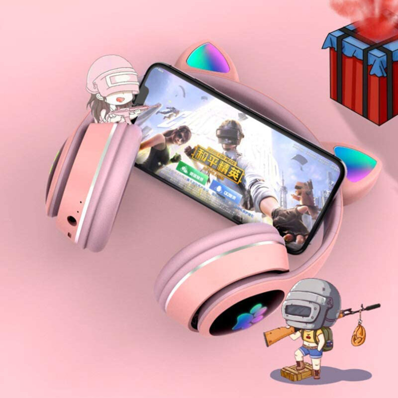 Casti urechi de pisica Bluetooth, lumini LED Gjby L400, rosu