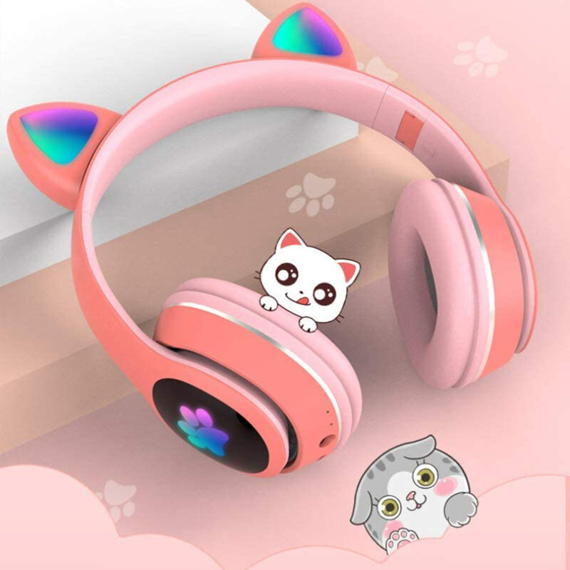Casti urechi de pisica Bluetooth, lumini LED Gjby L400, alb