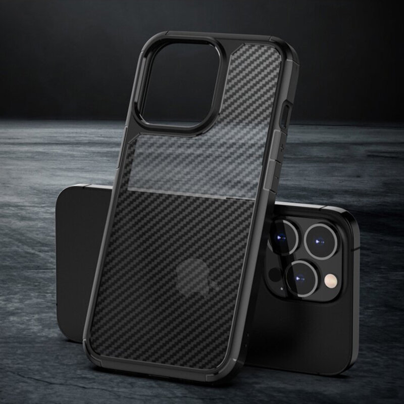 Husa iPhone 14 Pro Max Techsuit Carbon Fuse transparenta, negru
