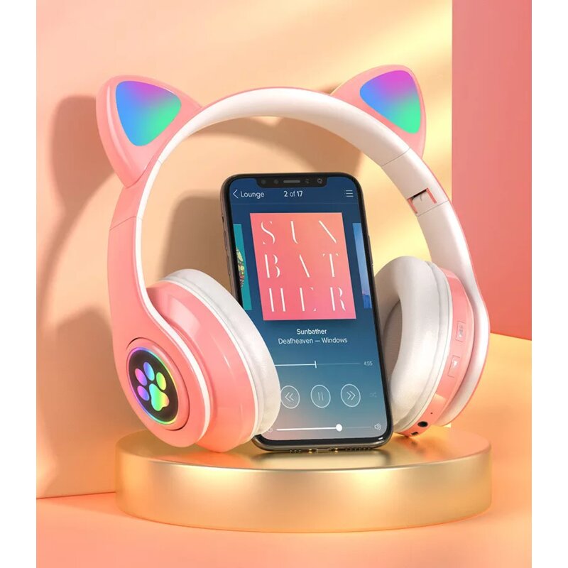 Casti urechi de pisica Bluetooth, lumini LED Gjby L400, rosu