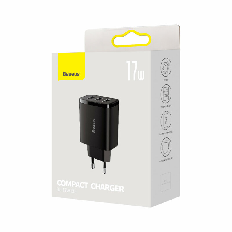 Incarcator de priza 3 x USB Baseus, 17W, negru, CCXJ020101