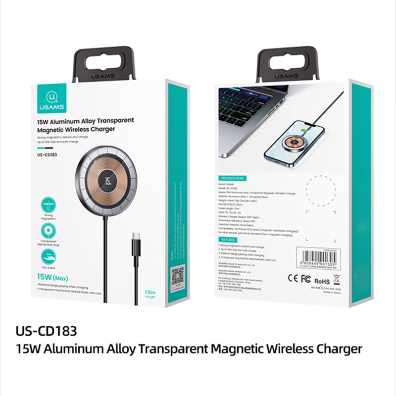 Incarcator wireless magnetic 15W Usams US-CD183, negru