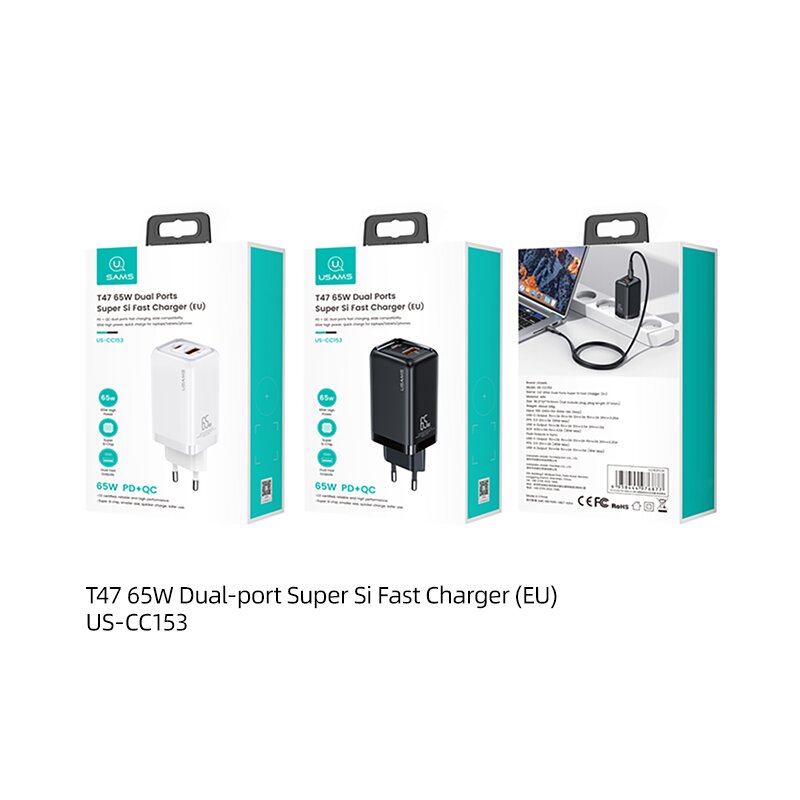 Incarcator Fast Charging USB, Type-C Usams T47, negru