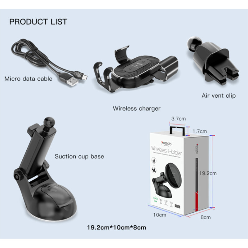 Suport telefon auto Yesido C76, incarcator wireless, 10W, negru