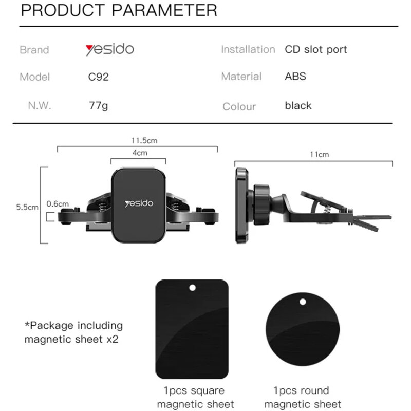Suport telefon auto cu prindere in CD player Yesido C92, negru