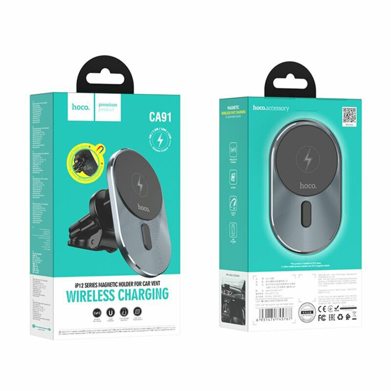 Suport auto cu incarcare wireless MagSafe 15W Hoco CA91, negru