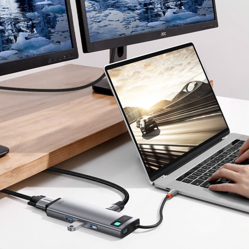 Dock USB-C Baseus la 3x USB, Type-C, VGA, HDMI, gri, CAHUB-CU0G