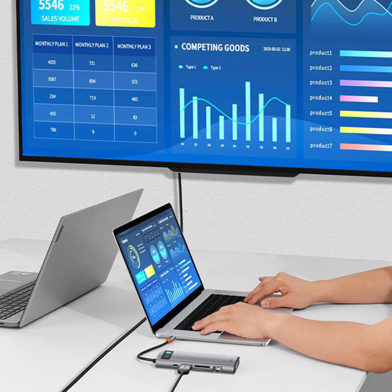 Dock USB-C Baseus la 3x USB, Type-C, VGA, HDMI, gri, CAHUB-CU0G