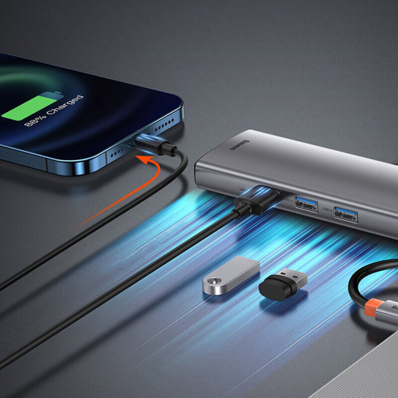 Dock USB-C Baseus la 3x USB, Type-C, VGA, HDMI, gri, CAHUB-CU0G