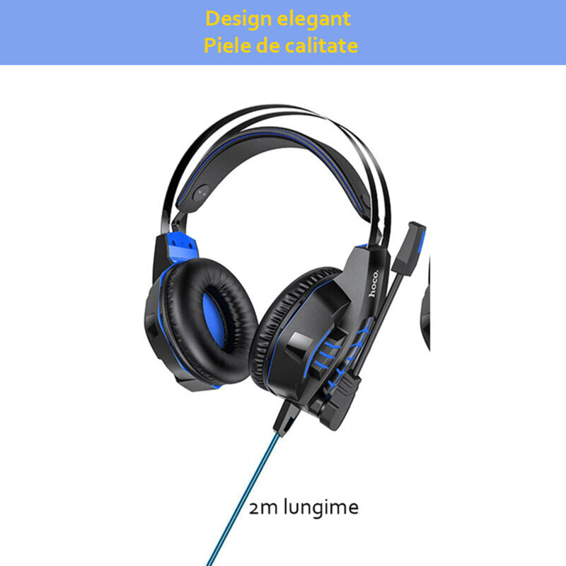 Casti gaming on-ear Hoco W102 cu microfon, Jack 3.5mm, USB, albastru