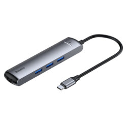 Hub USB-C Baseus la HDMI, Type-C, 3x USB, RJ45, gri, CAHUB-J0G