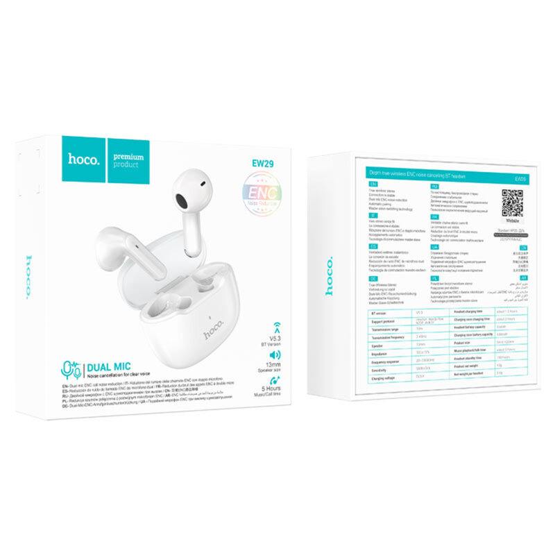 Casti half-in-ear Bluetooth TWS Noise-Cancelling Hoco EW29, alb