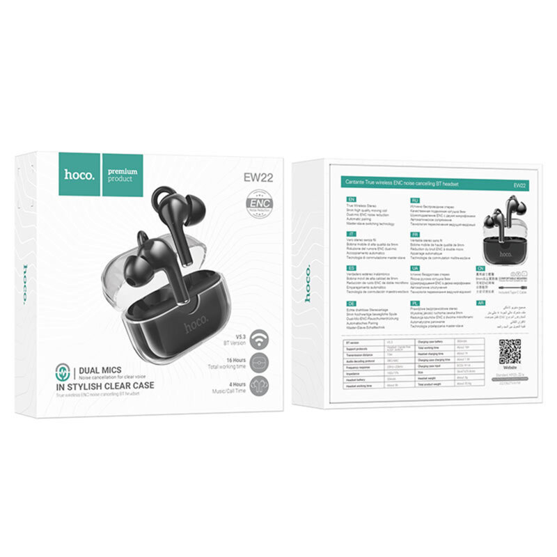 Casti in-ear TWS Bluetooth Noise Cancelling Hoco EW22, negru